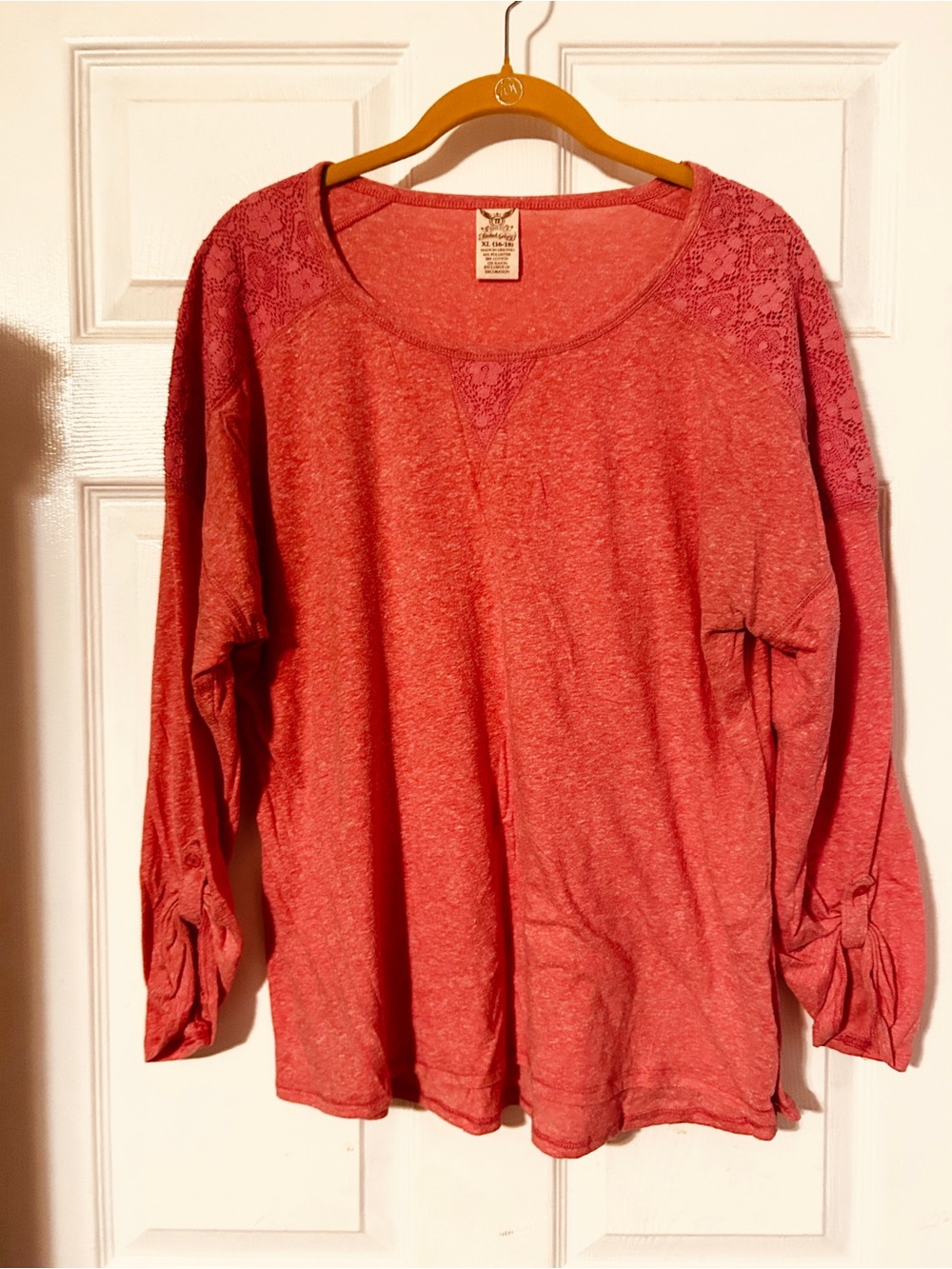 Faded Glory Coral Lace-Shoulder Long Sleeve Top